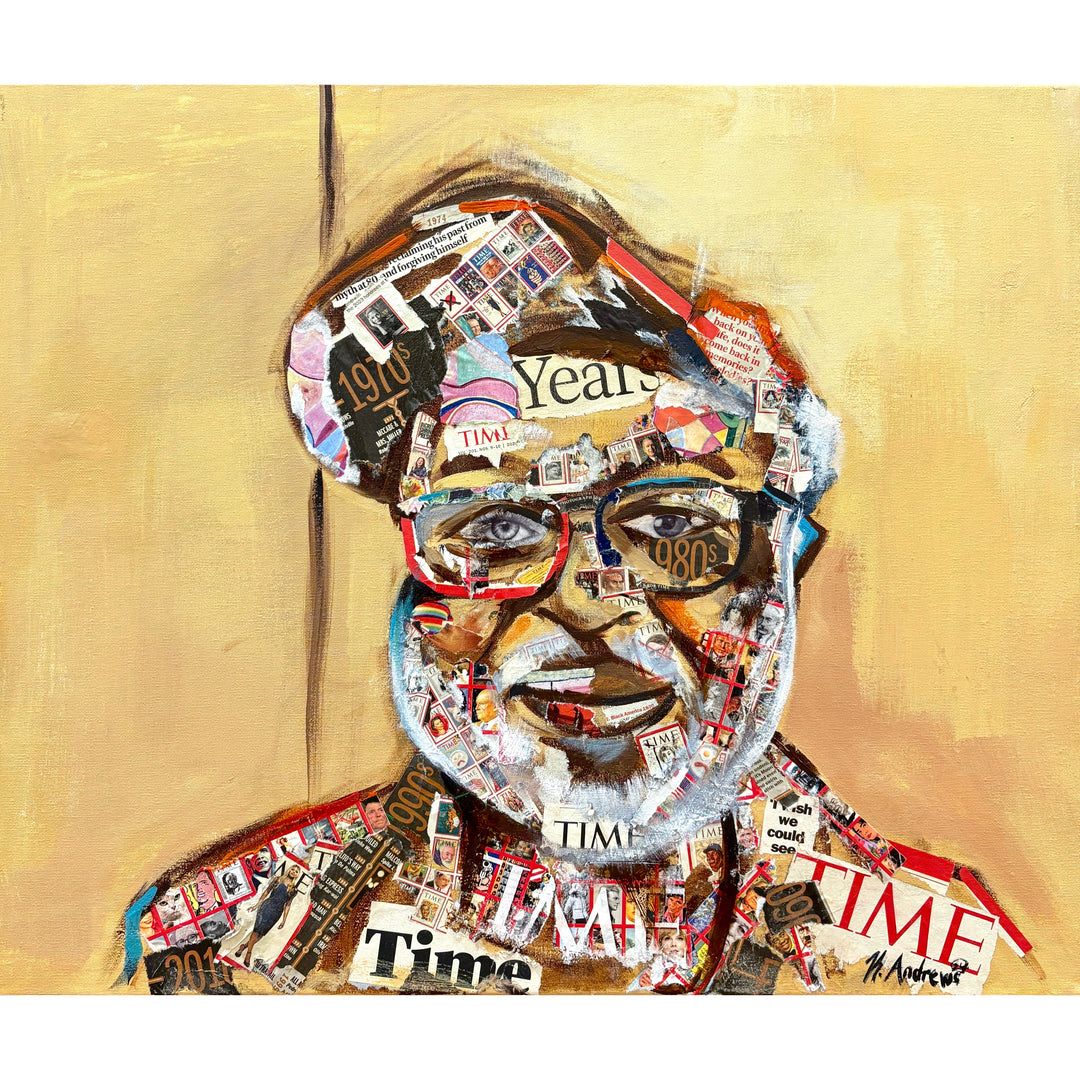 man portrait face with glasses mixed media collage magazine paper cut out acrylic paint by Keith Andrews