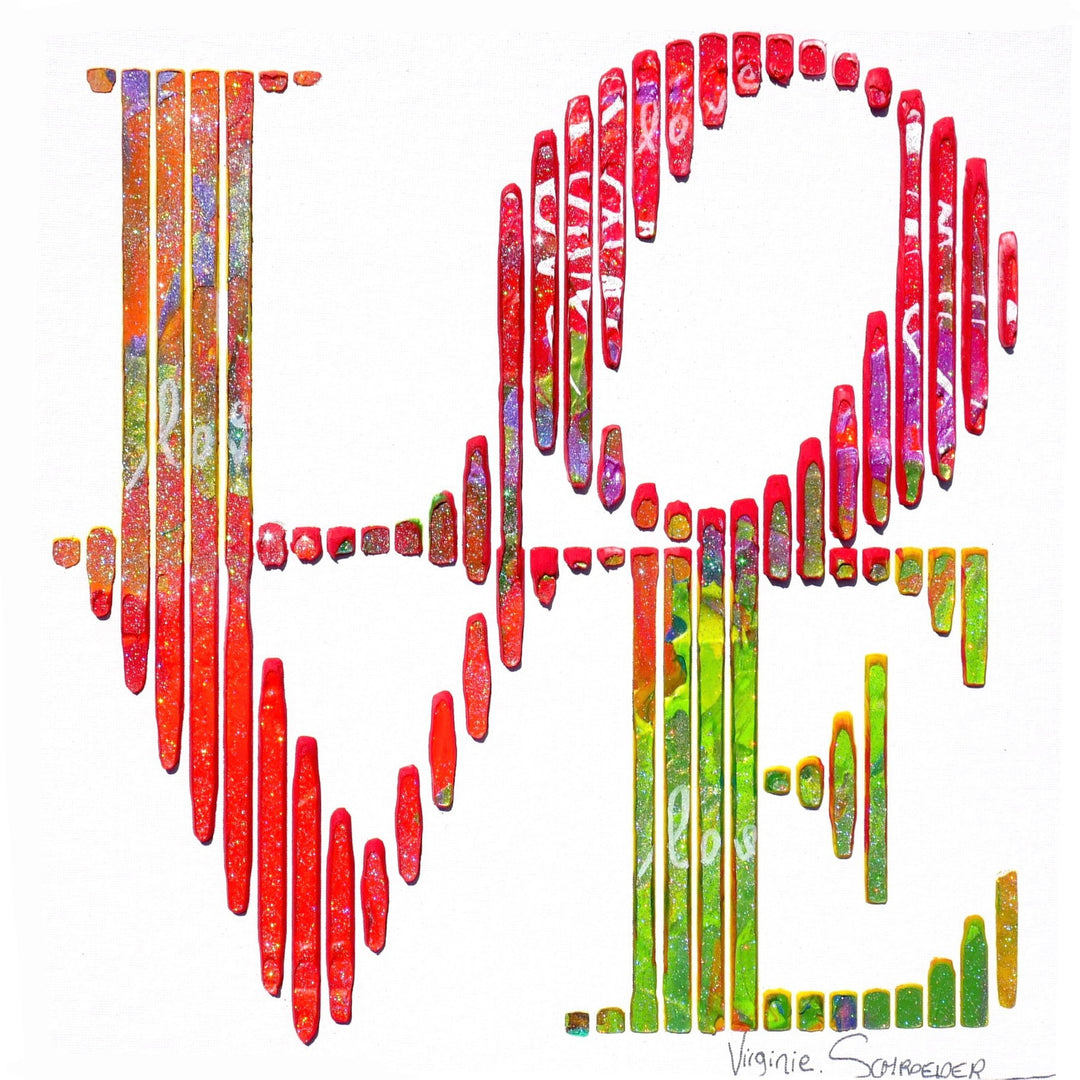 14"x14" acrylic and oil paint on canvas board image of the word LOVE. 