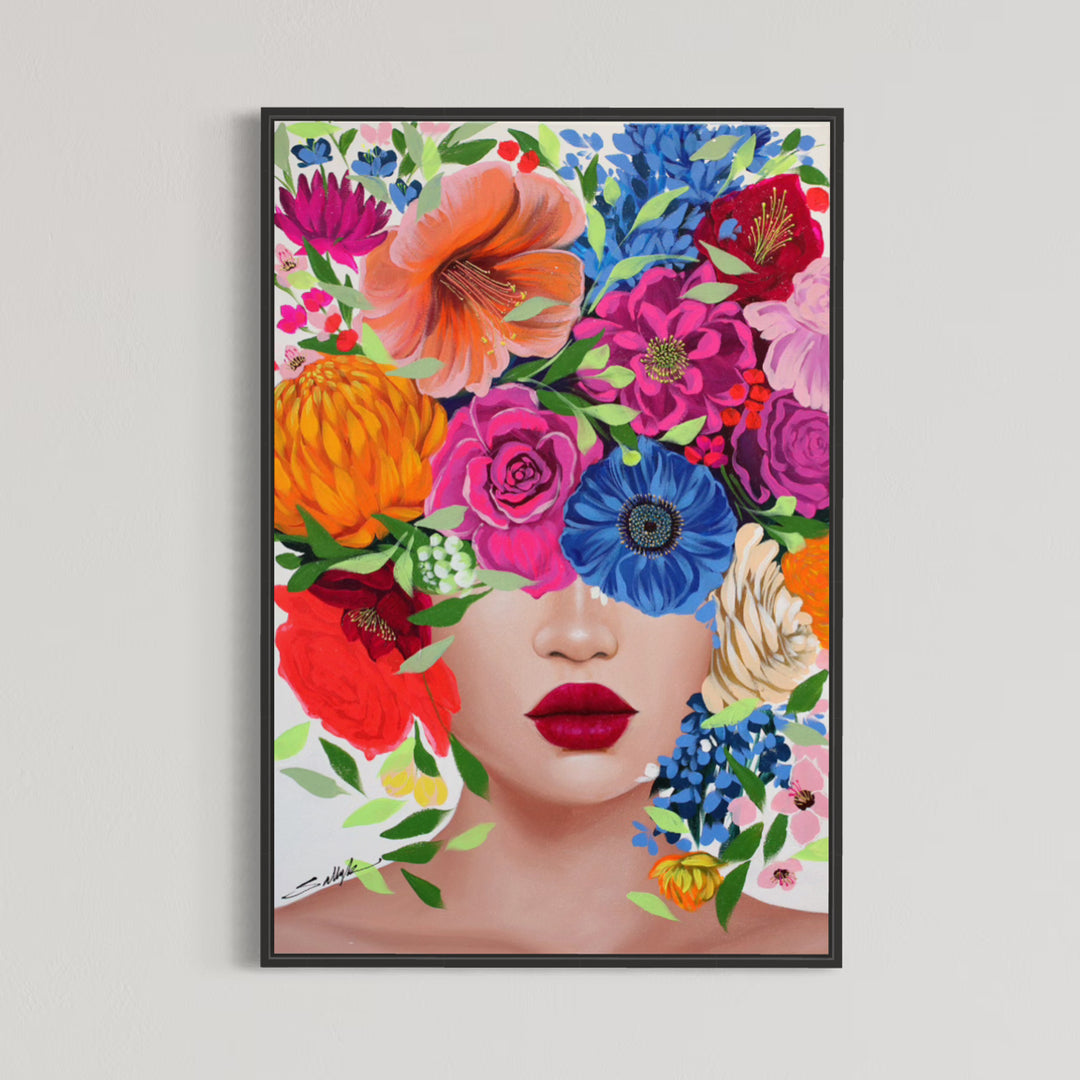 24"W x 36"H Acrylic paint and diamond dust on canvas. Woman with the upper half of her face covered by colorful flowers. 