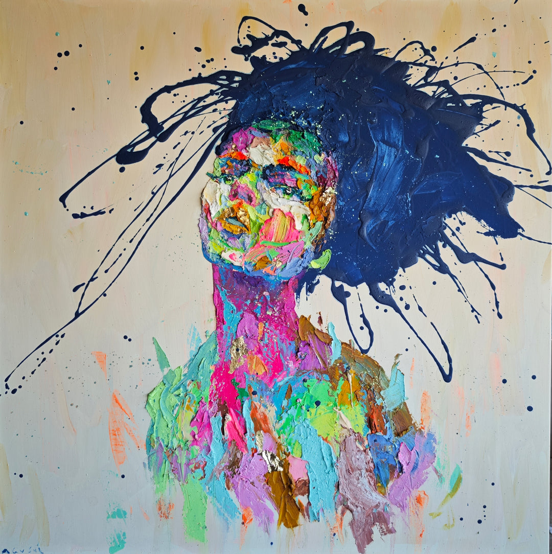 a multicolored womans portrait with green eyes in a thick palette knife expressionist style and gold foil with blue splatter hair on a tan background