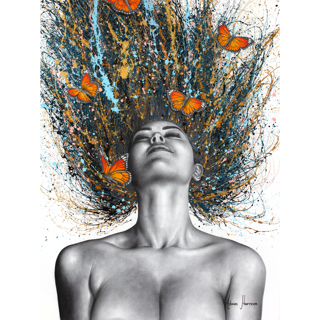black and white woman flipping hair back with gold blue and black splatter paint, orange monarch butterflies in hair on white background