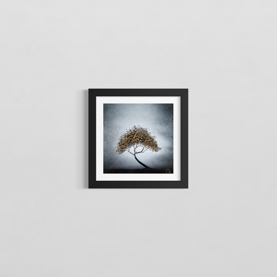 "Winter Tree" by French artist Julien Rey — a mixed-media painting of a solitary tree crafted with Chinese lacquer and gold leaf on canvas. A gracefully curved black trunk supports a luminous canopy of gold leaf and dark lacquer, set against a soft silver-gray atmospheric background with delicate white droplets evoking snow or mist. A contemplative, minimalist composition balancing strength and fragility. Original contemporary botanical painting available at Morton Contemporary gallery.