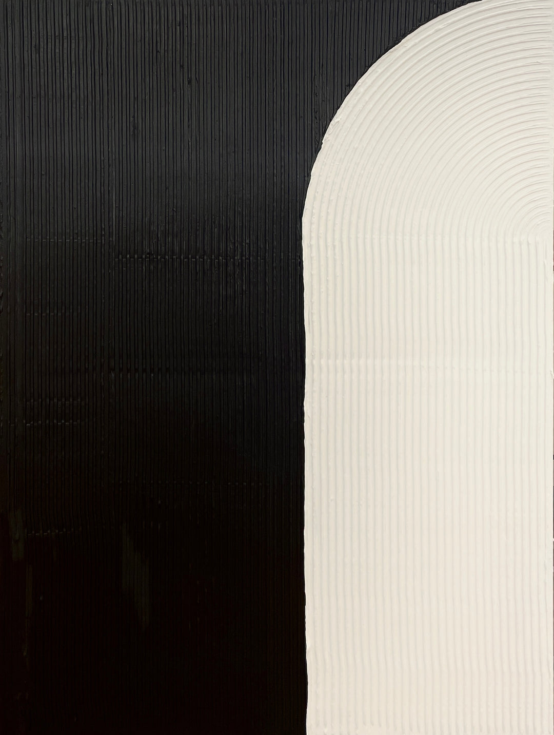 Yin + Yang by Lee in Cerulean. Diptych of textured paint in vertical lines, featuring white and black opposite arch shapes as yin &amp; yang.