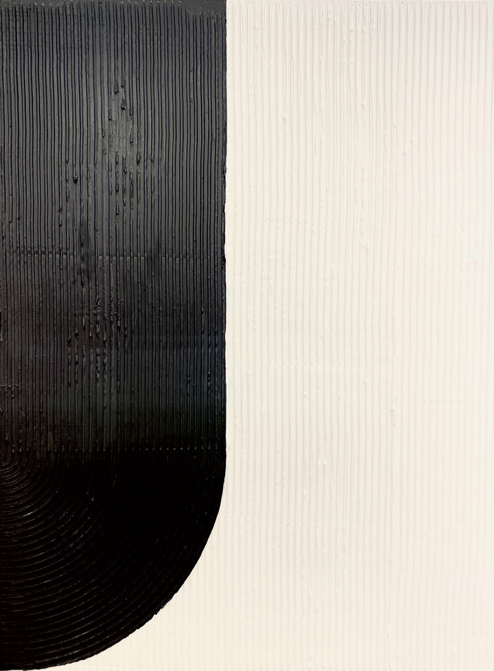 Yin + Yang by Lee in Cerulean. Diptych of textured paint in vertical lines, featuring white and black opposite arch shapes as yin &amp; yang.
