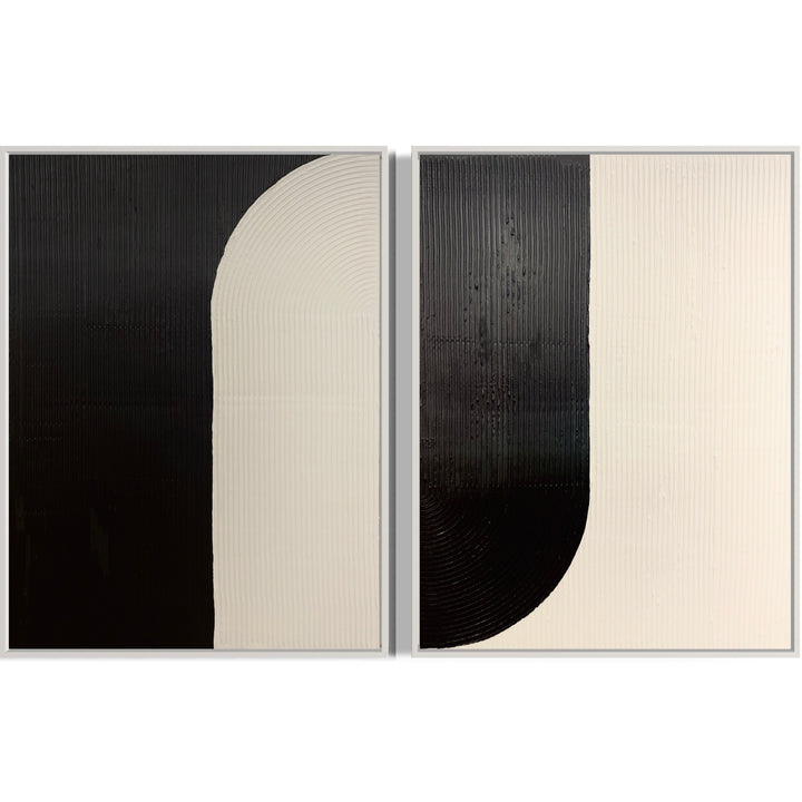 Yin + Yang by Lee in Cerulean. Diptych of textured paint in vertical lines, featuring white and black opposite arch shapes as yin &amp; yang.