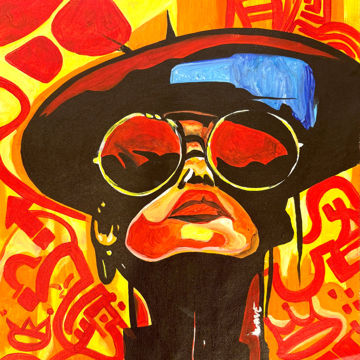 bright pop art portrait glasses hat color block style face looking upwards with bright patterns in red orange yellow 