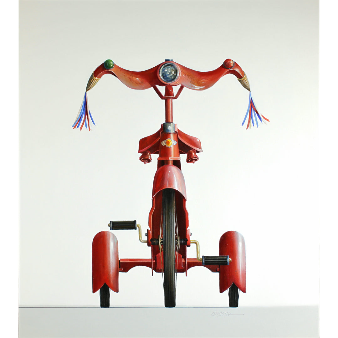 Realistic painting of a vintage red AFC tricycle with colorful tassels. 40"X45" oil on canvas. Minimalist off white and grey background.