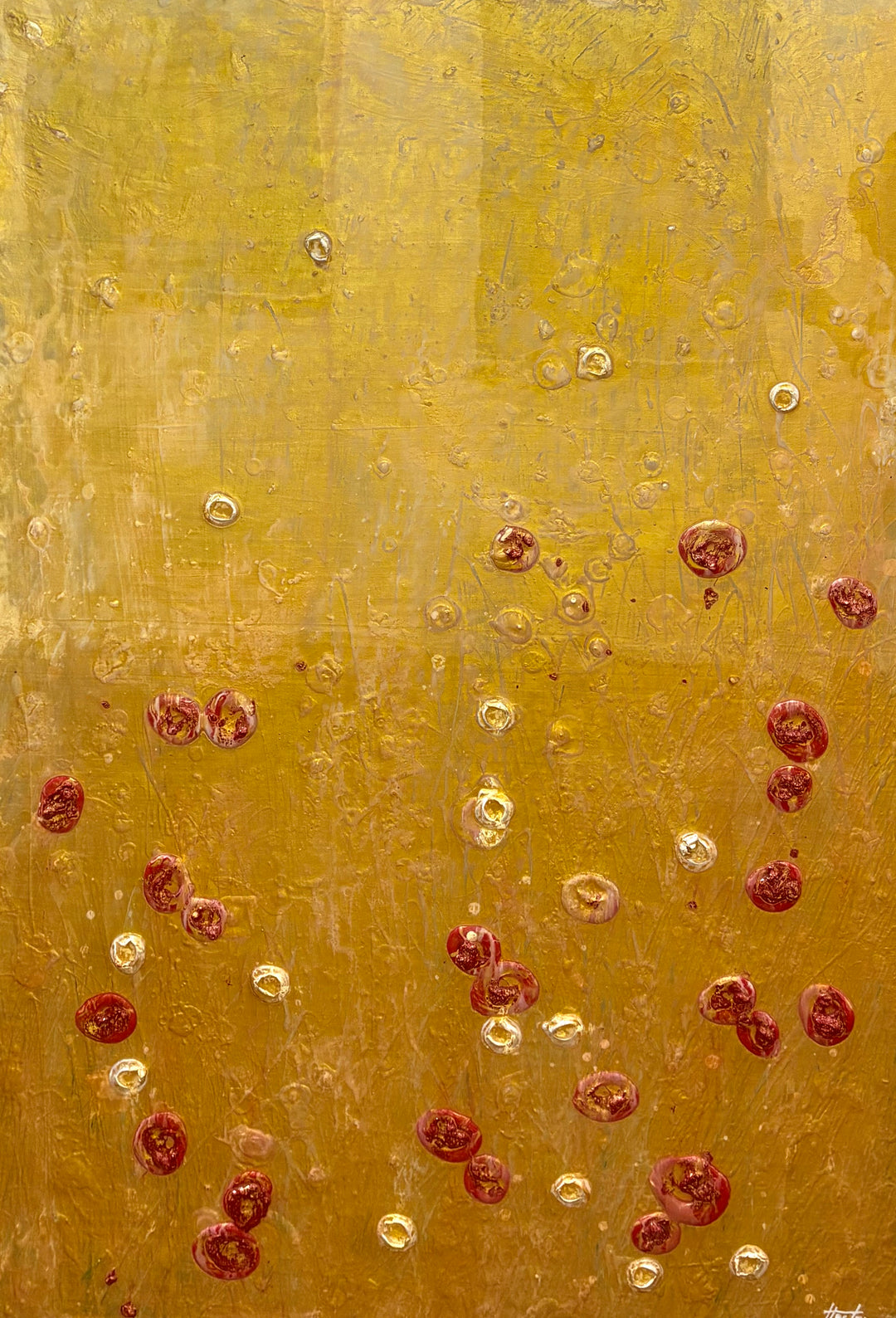 Golden shiny resin oil and acrylic panting textured 3 dimensional artwork with red and white organic spots by eric heitmann