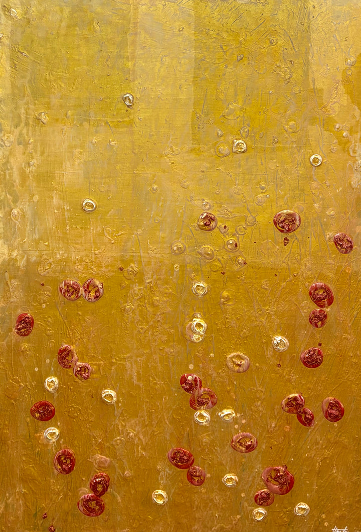 Golden shiny resin oil and acrylic panting textured 3 dimensional artwork with red and white organic spots by eric heitmann