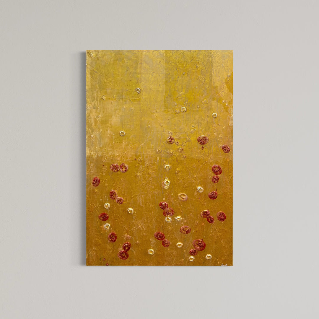 Golden shiny resin oil and acrylic panting textured 3 dimensional artwork with red and white organic spots by eric heitmann