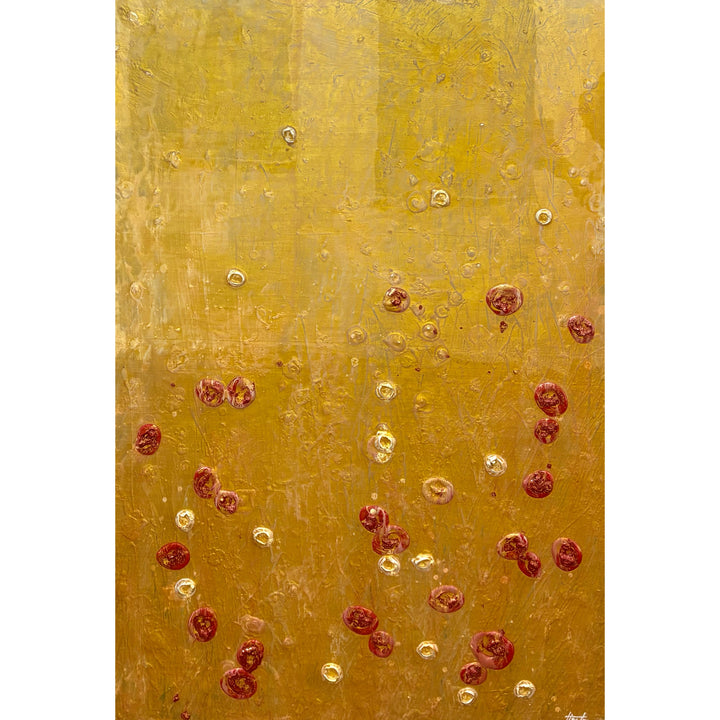 Golden shiny resin oil and acrylic panting textured 3 dimensional artwork with red and white organic spots by eric heitmann