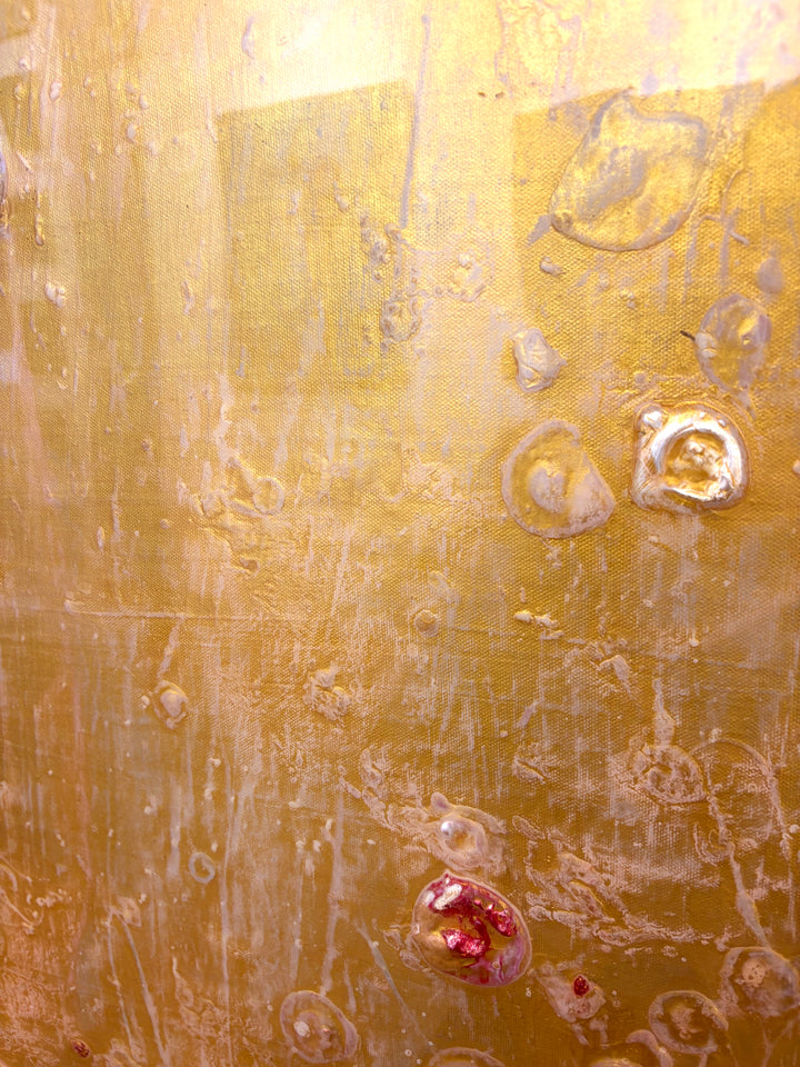 Golden shiny resin oil and acrylic panting textured 3 dimensional artwork with red and white organic spots by eric heitmann