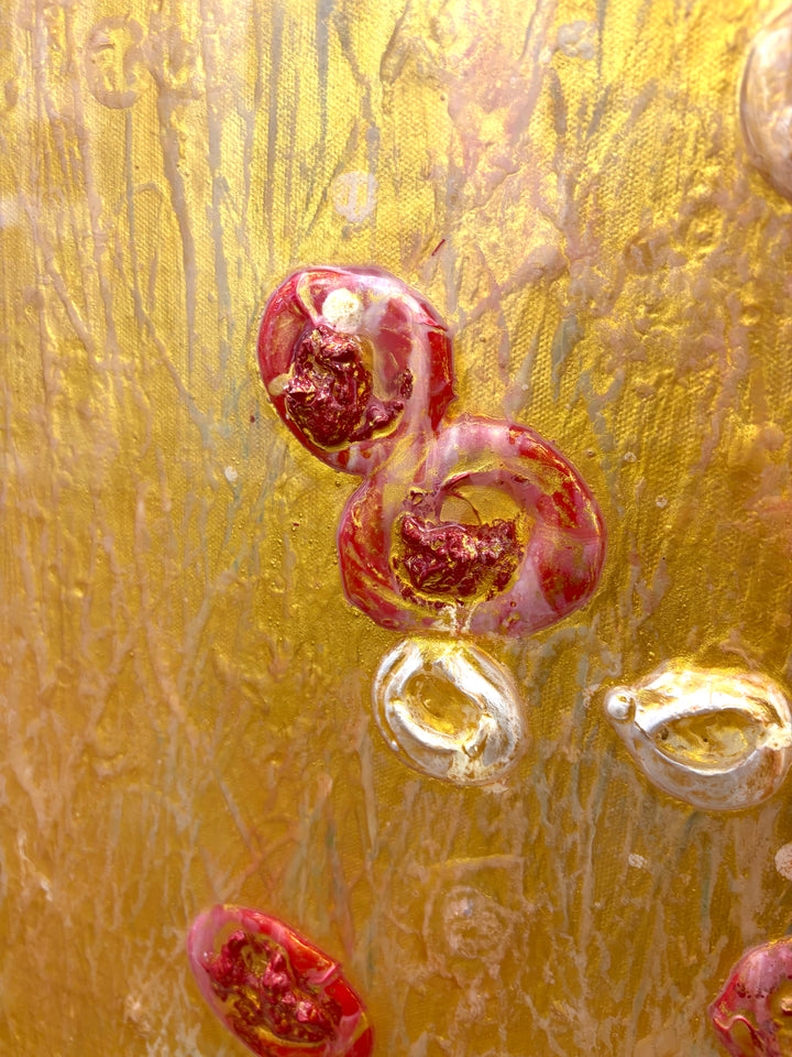 Golden shiny resin oil and acrylic panting textured 3 dimensional artwork with red and white organic spots by eric heitmann