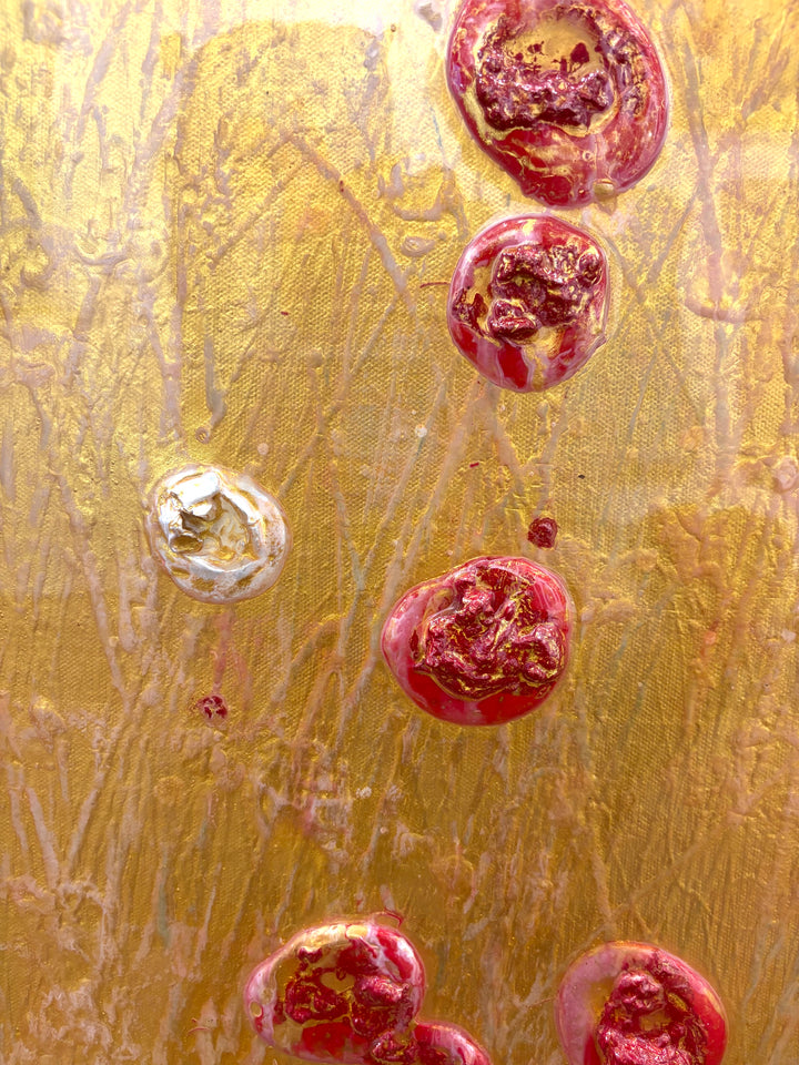 Golden shiny resin oil and acrylic panting textured 3 dimensional artwork with red and white organic spots by eric heitmann