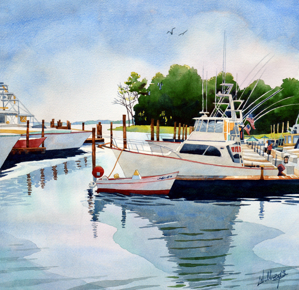 Landscape watercolor of a boat pier with sail boats docked