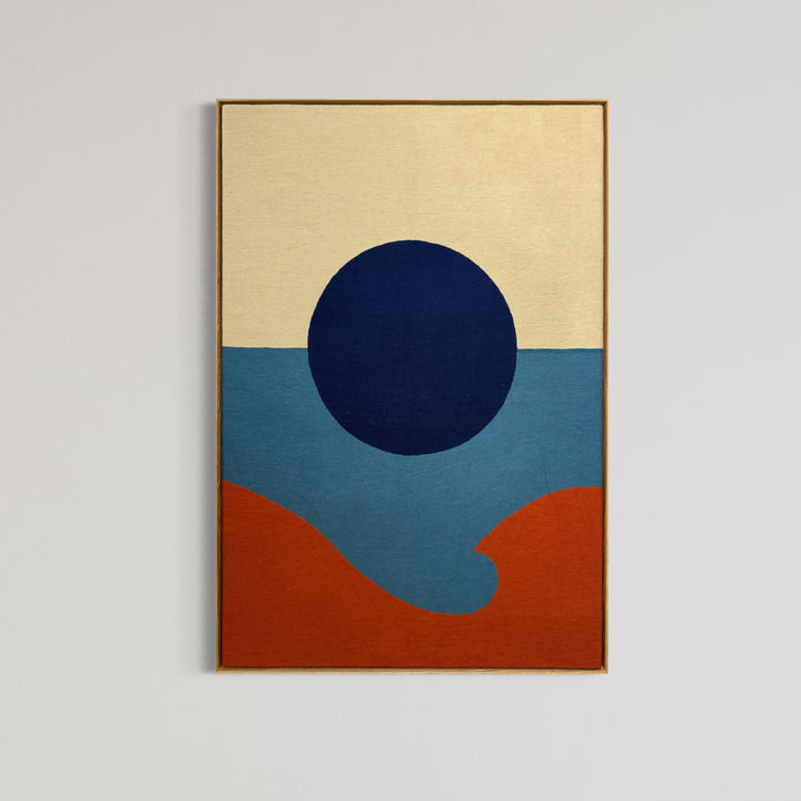 chain stitched embroidery textile fabric framed abstract geometric blue dot split composition negative space white and blue with orange wave in foreground