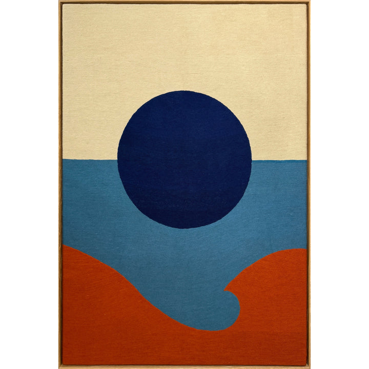 chain stitched embroidery textile fabric framed abstract geometric blue dot split composition negative space white and blue with orange wave in foreground