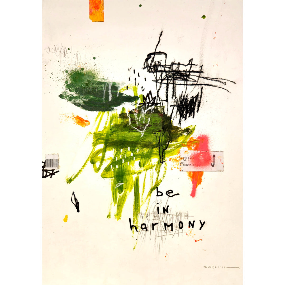 Abstract mixed media artwork on paper by Laurent Dorchin in black, pink, green and white. Organic linework and minimal illustrations with collage and text elements.