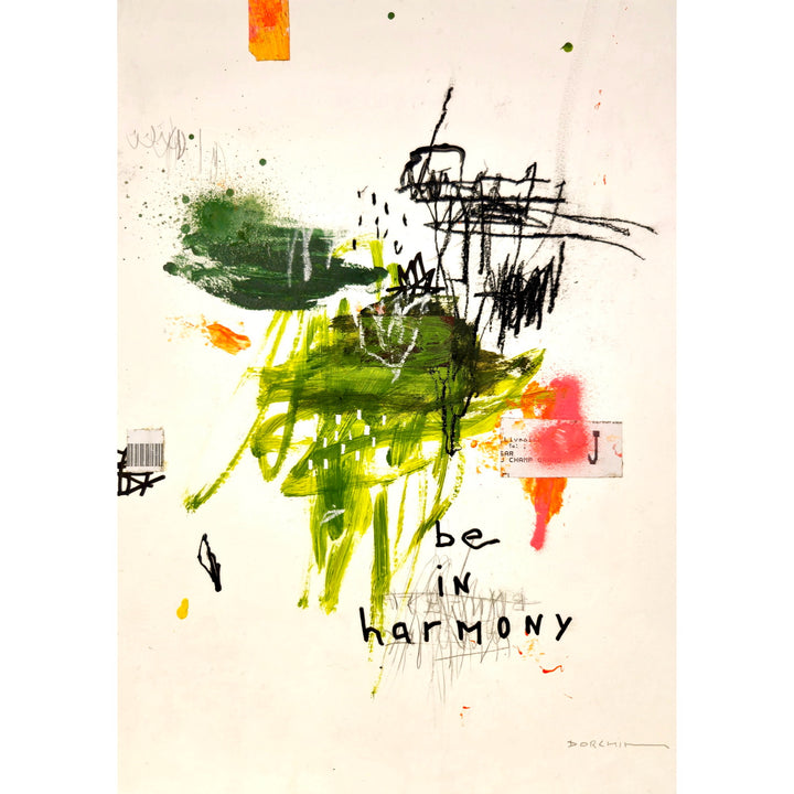 Abstract mixed media artwork on paper by Laurent Dorchin in black, pink, green and white. Organic linework and minimal illustrations with collage and text elements.