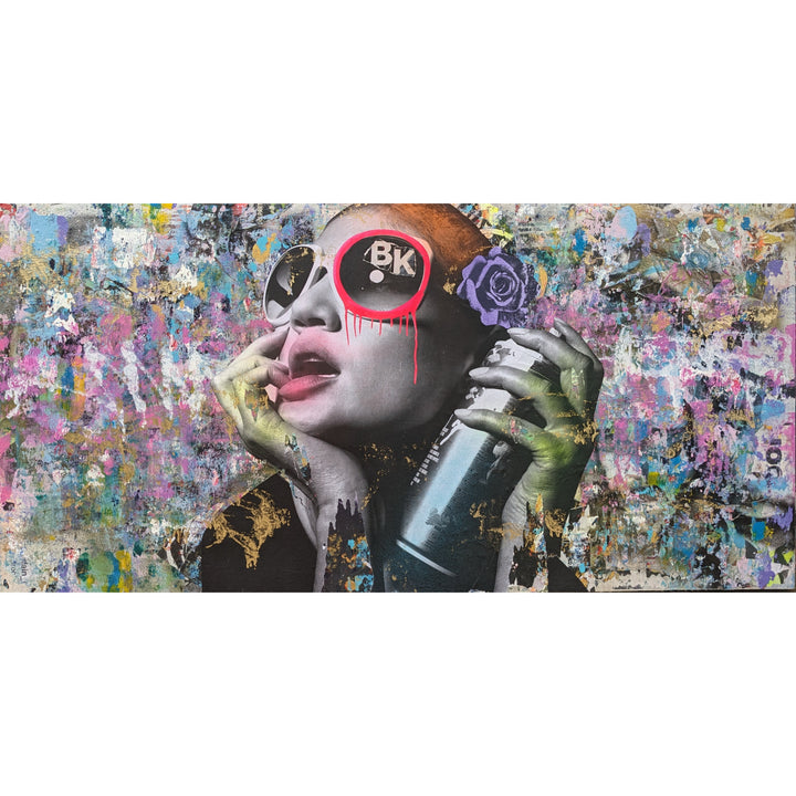 72"W x 36"H Acrylic paint, spray paint, wheat-paste, vintage advertisements, printed fragments on canvas. Posed woman with colorful graphics and DAIN&