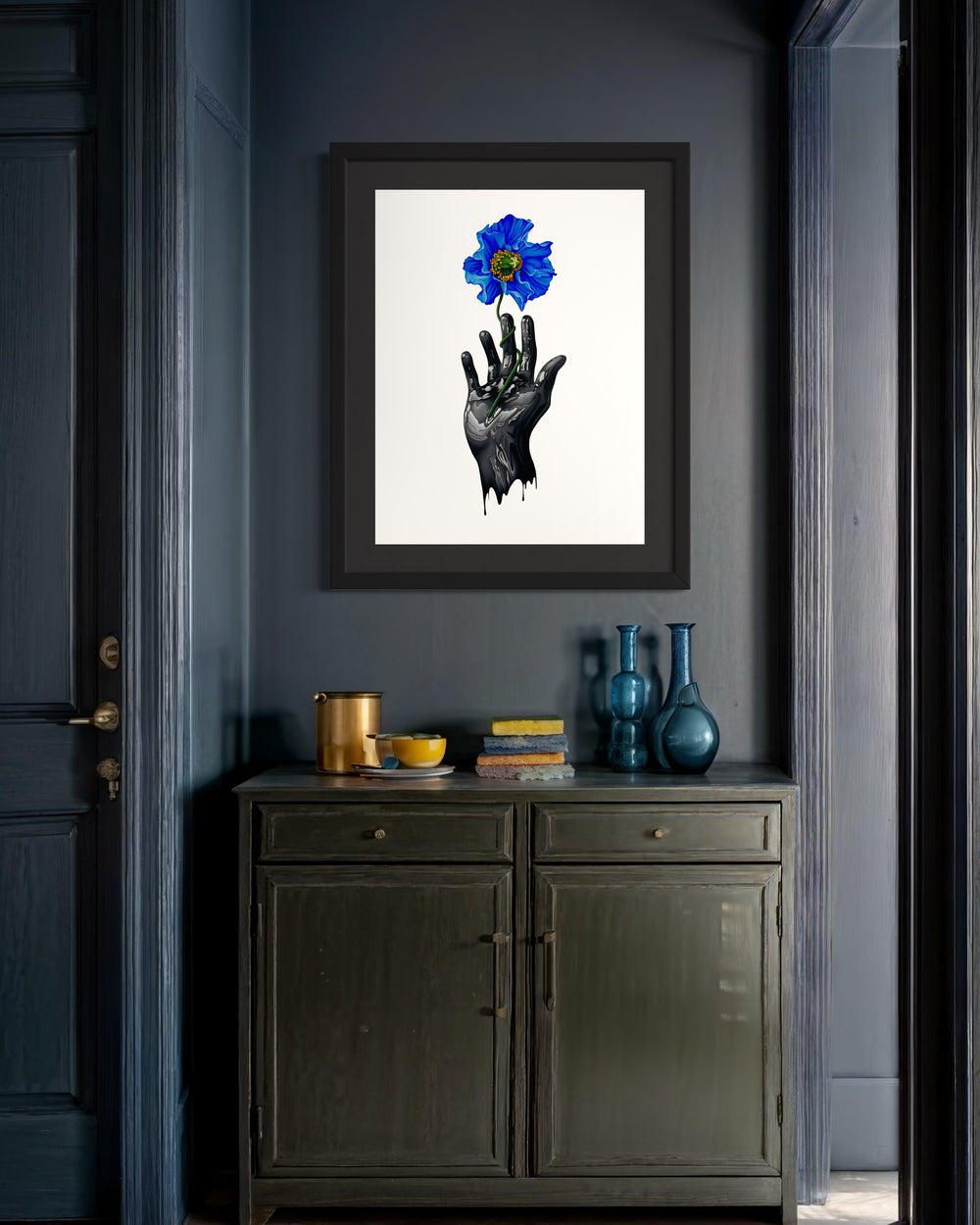 A dripping black hand holds out a vibrant blue poppy flower on a stark white background. The drips on the hand look like black oil, and the flower looks like it's growing out of the hand. Hyper realism meets surrealism, hand drawn in pencil. 