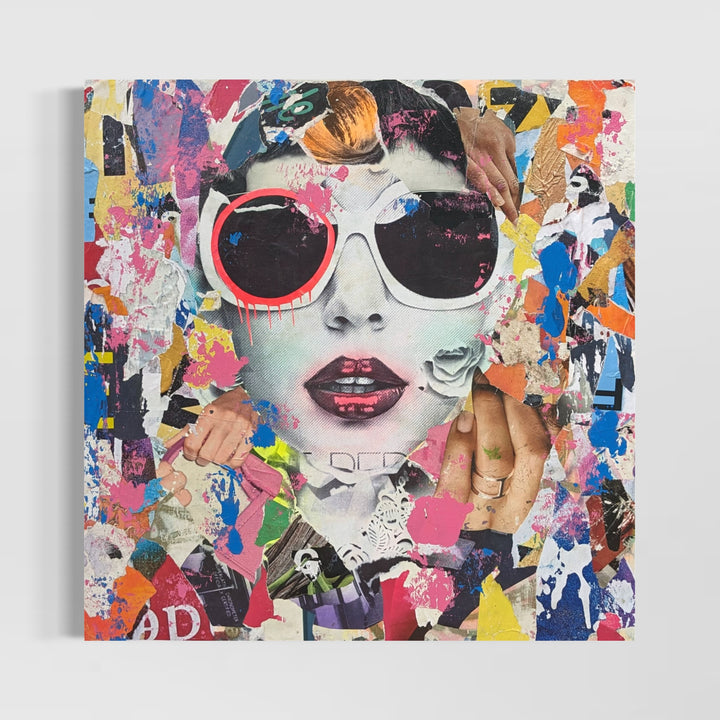 48" x 48" Acrylic paint, spray paint, wheat-paste, vintage advertisements, printed fragments on canvas. Woman&