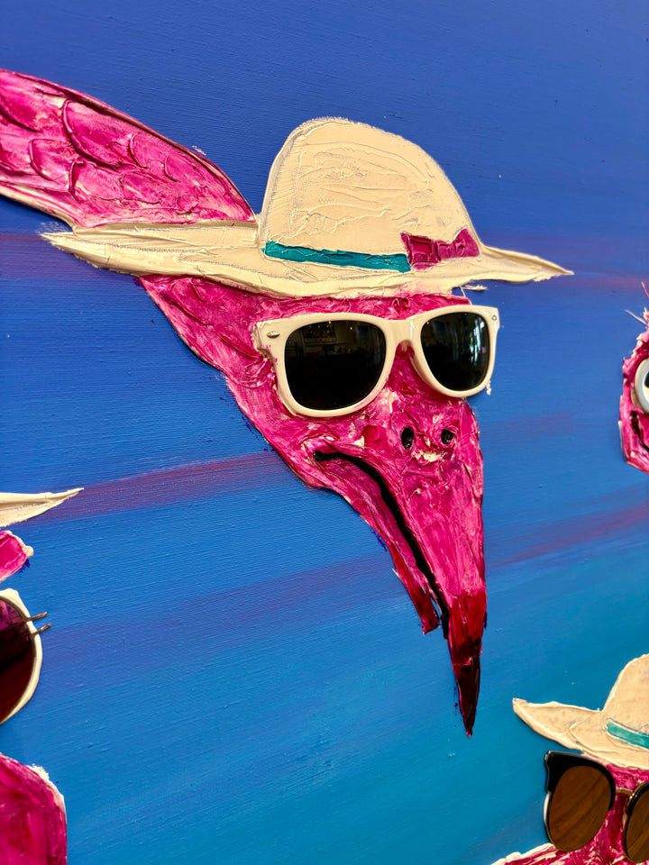 48" x 48" acrylic on canvas painting of pink flamingos in hats and sunglasses over a blue-pink gradient background. 