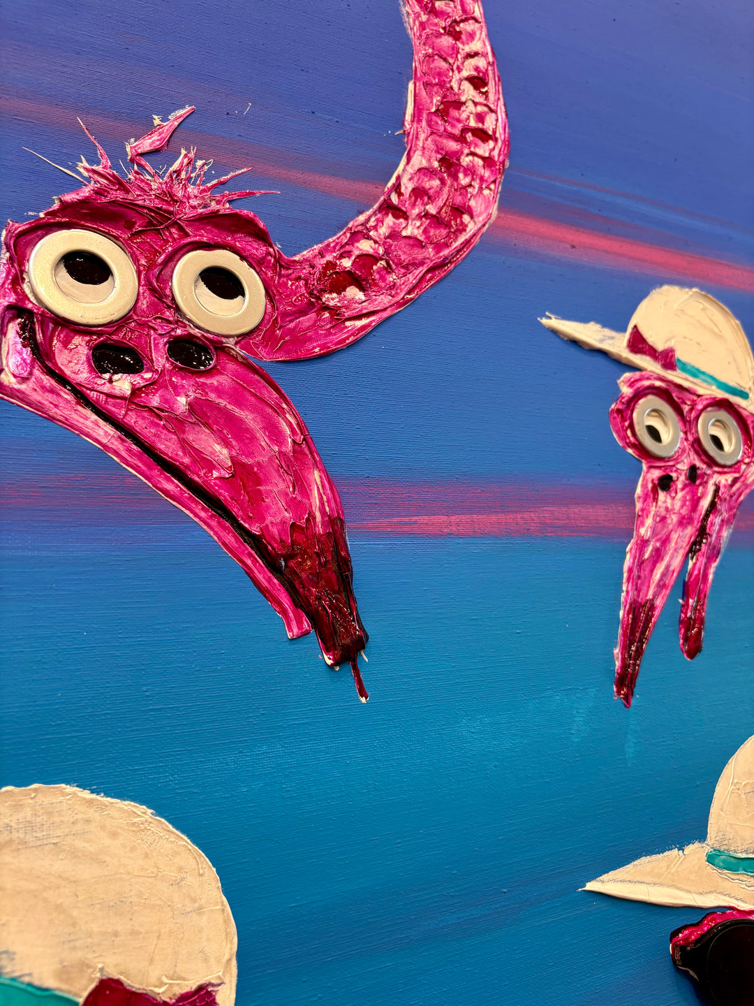 48" x 48" acrylic on canvas painting of pink flamingos in hats and sunglasses over a blue-pink gradient background. 