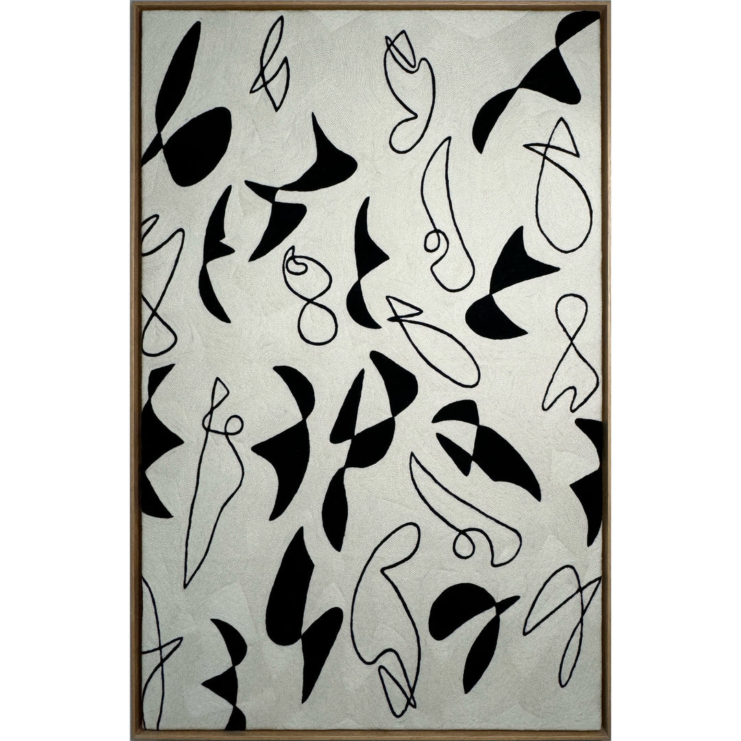 abstract shapes doodles line work in black and white negative space solid heavy chain stitched textile fabric embroidery