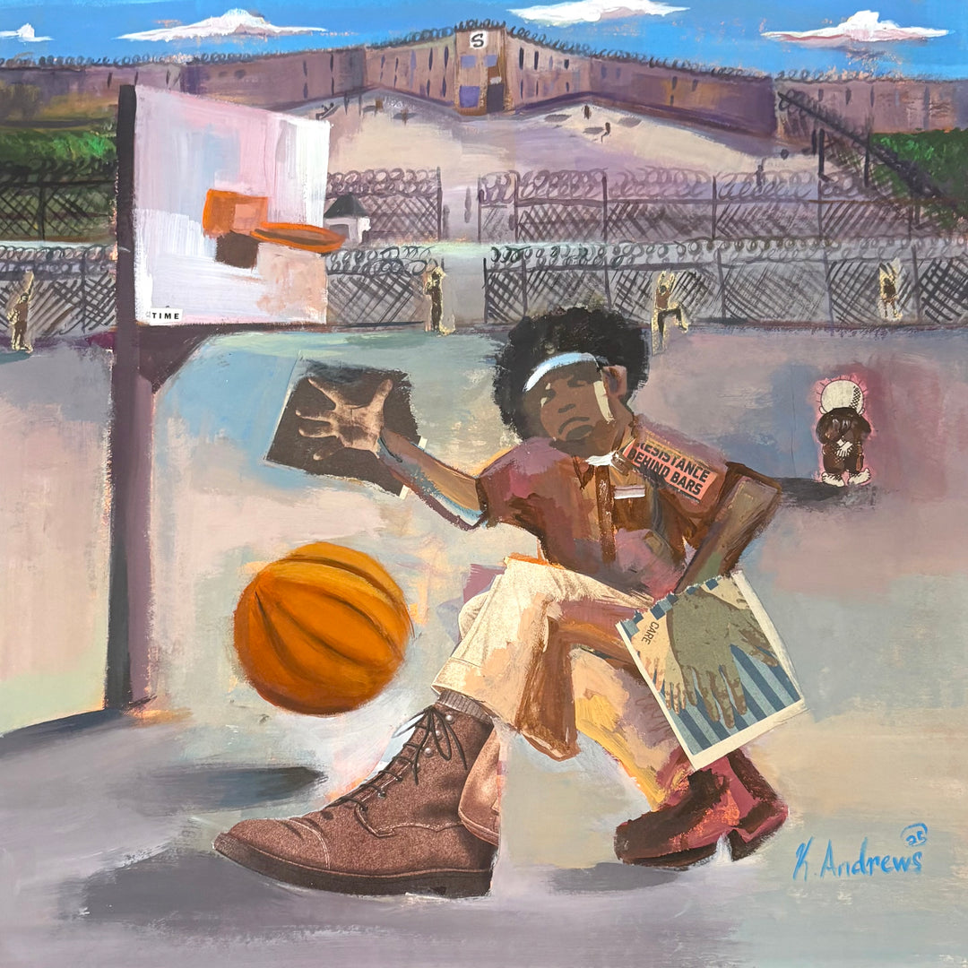 collage multimedia paint and paper cutout basketball figure in prison yard