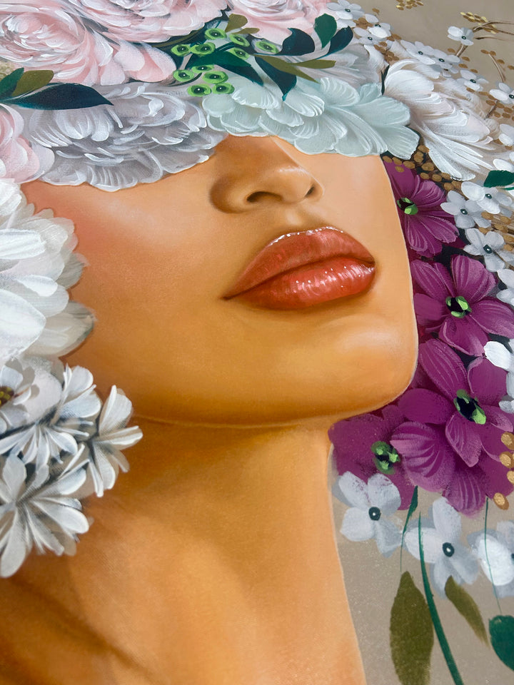37"W x 50"H Acrylic portrait on canvas. Woman in profile with the top half of her face and hair covered by white, pink and purple flowers on a creme background. 
