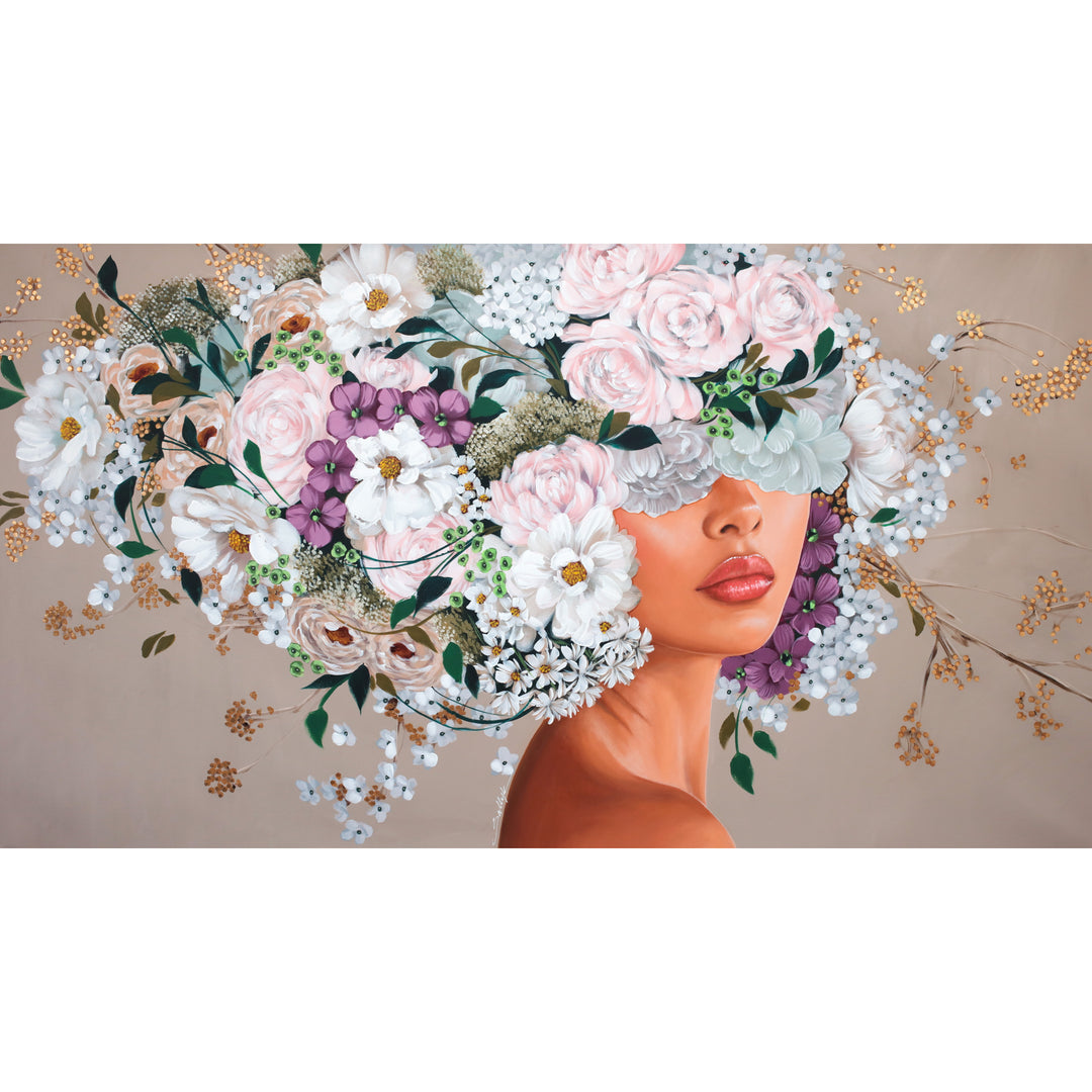 37"W x 50"H Acrylic portrait on canvas. Woman in profile with the top half of her face and hair covered by white, pink and purple flowers on a creme background. 