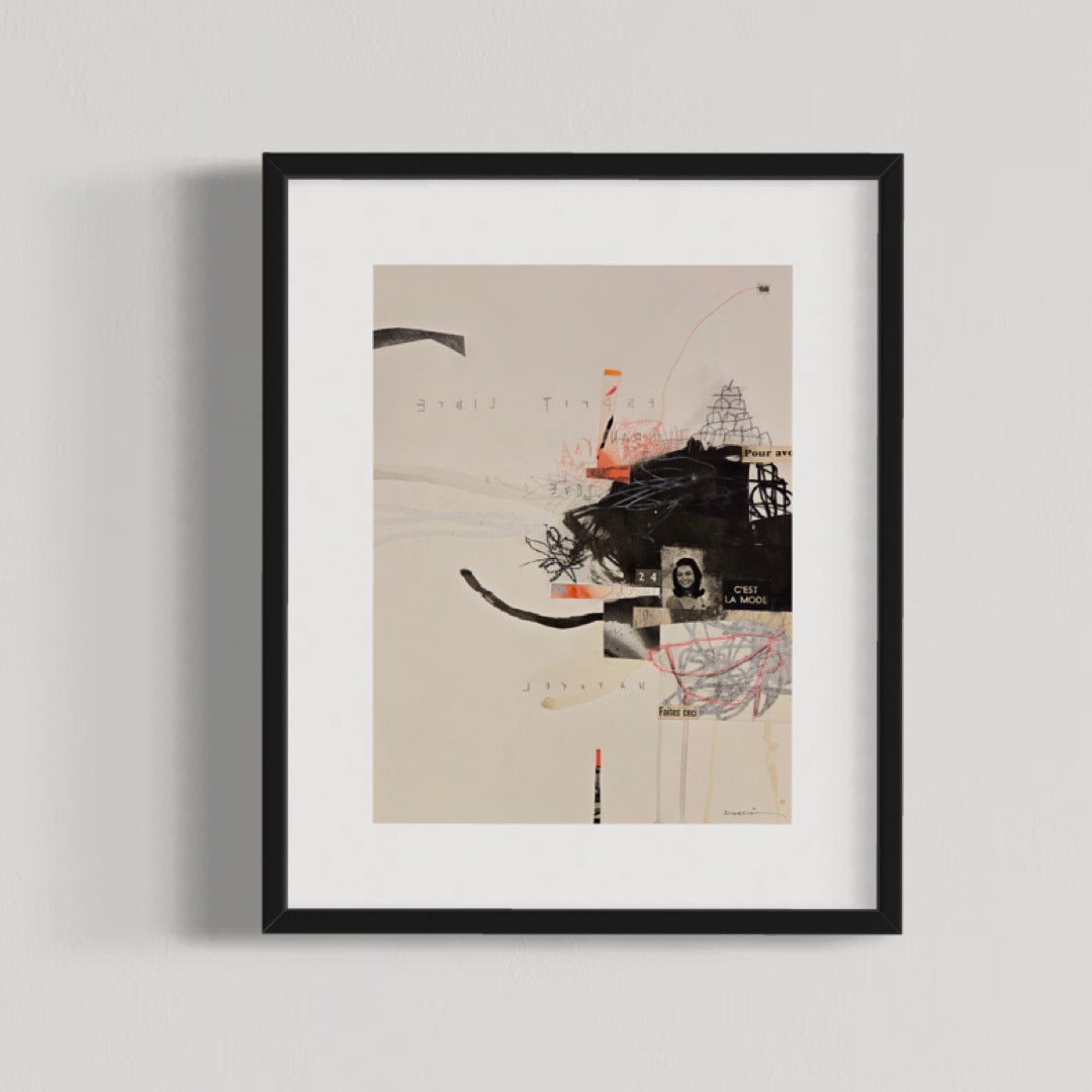 Abstract mixed media artwork on paper by Laurent Dorchin in black, pink and white. Organic linework and minimal illustrations with collage and text elements.