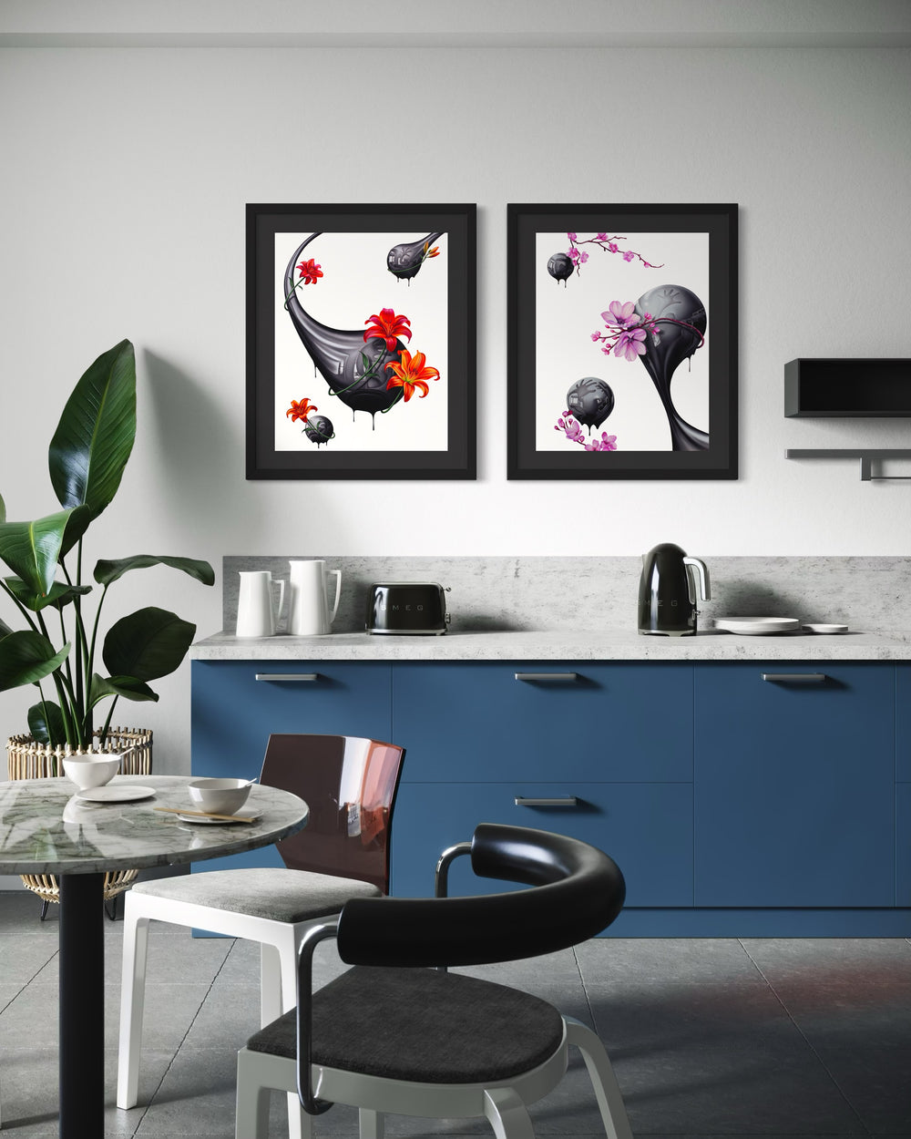 Hand drawn artwork done with pencil and marker, black, reflective drips made of an oil like substance, with pink cherry blossoms surrounding them, on a stark white background.