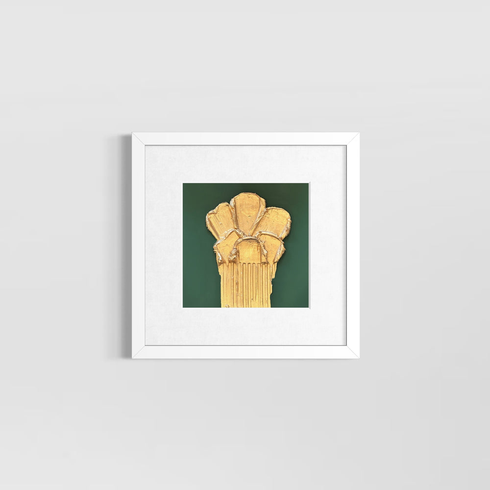 layered gold texture joint compound sculpted with lines running down on matte green dark forrest hunter background abstract minimal floral bouquet 