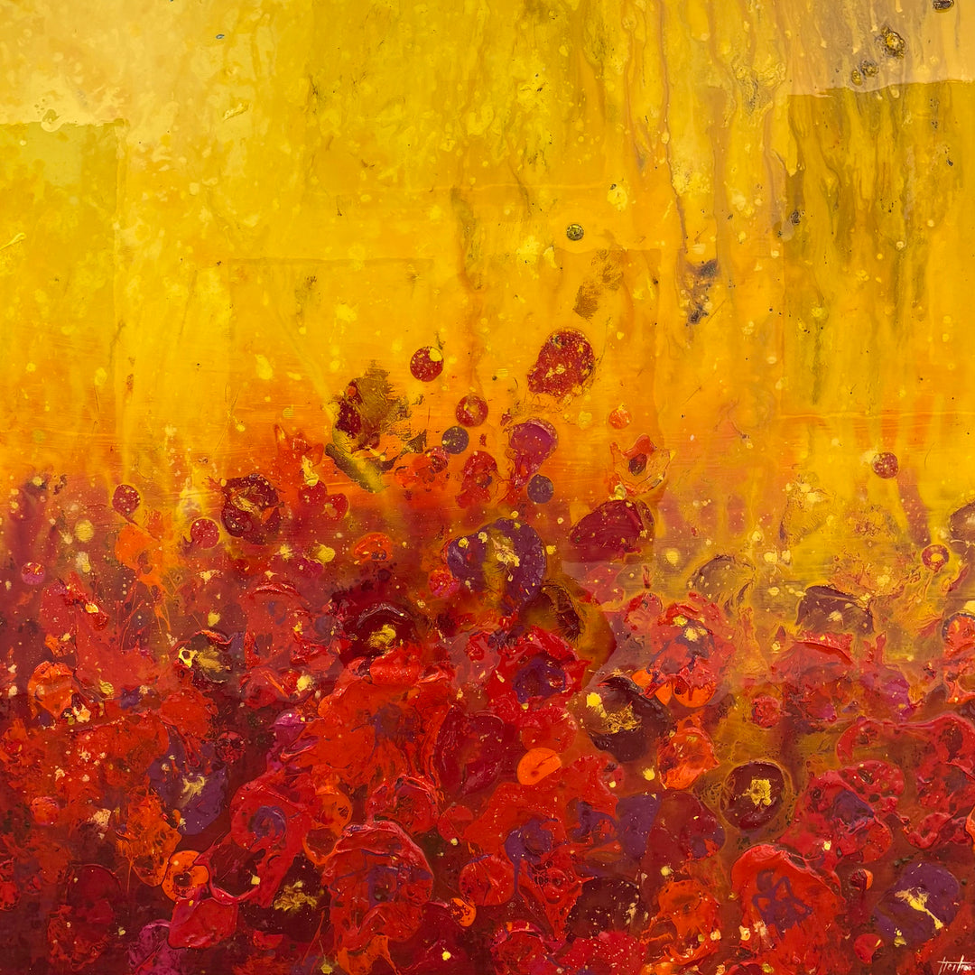 Golden red orange and yellow shiny resin oil and acrylic panting textured 3 dimensional artwork  organic spots layered  by eric heitmann