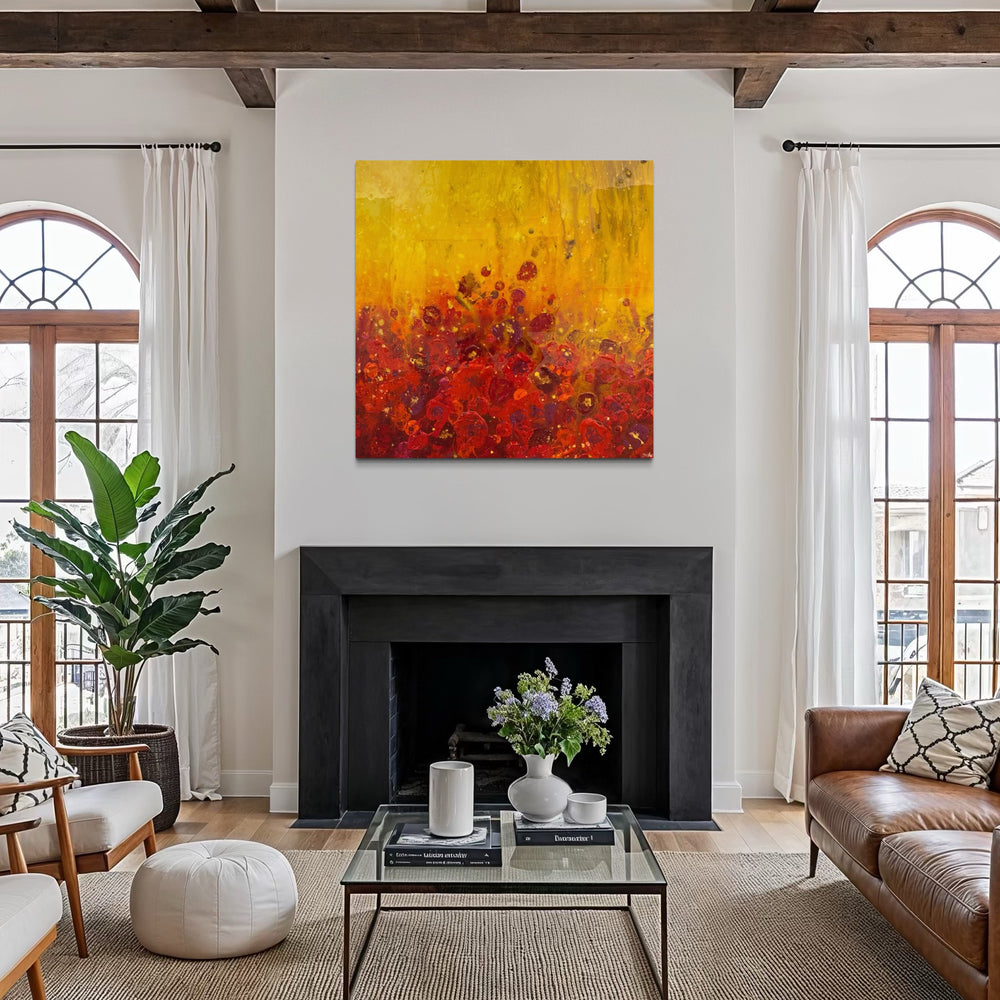 Golden red orange and yellow shiny resin oil and acrylic panting textured 3 dimensional artwork  organic spots layered  by eric heitmann