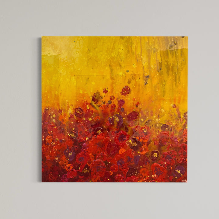 Golden red orange and yellow shiny resin oil and acrylic panting textured 3 dimensional artwork  organic spots layered  by eric heitmann