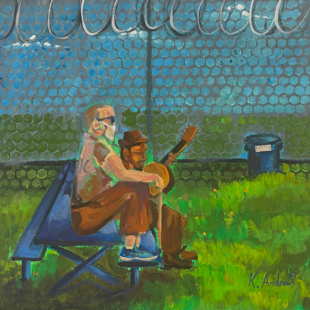 figures sitting in prison yard on bench with guitar acrylic painting