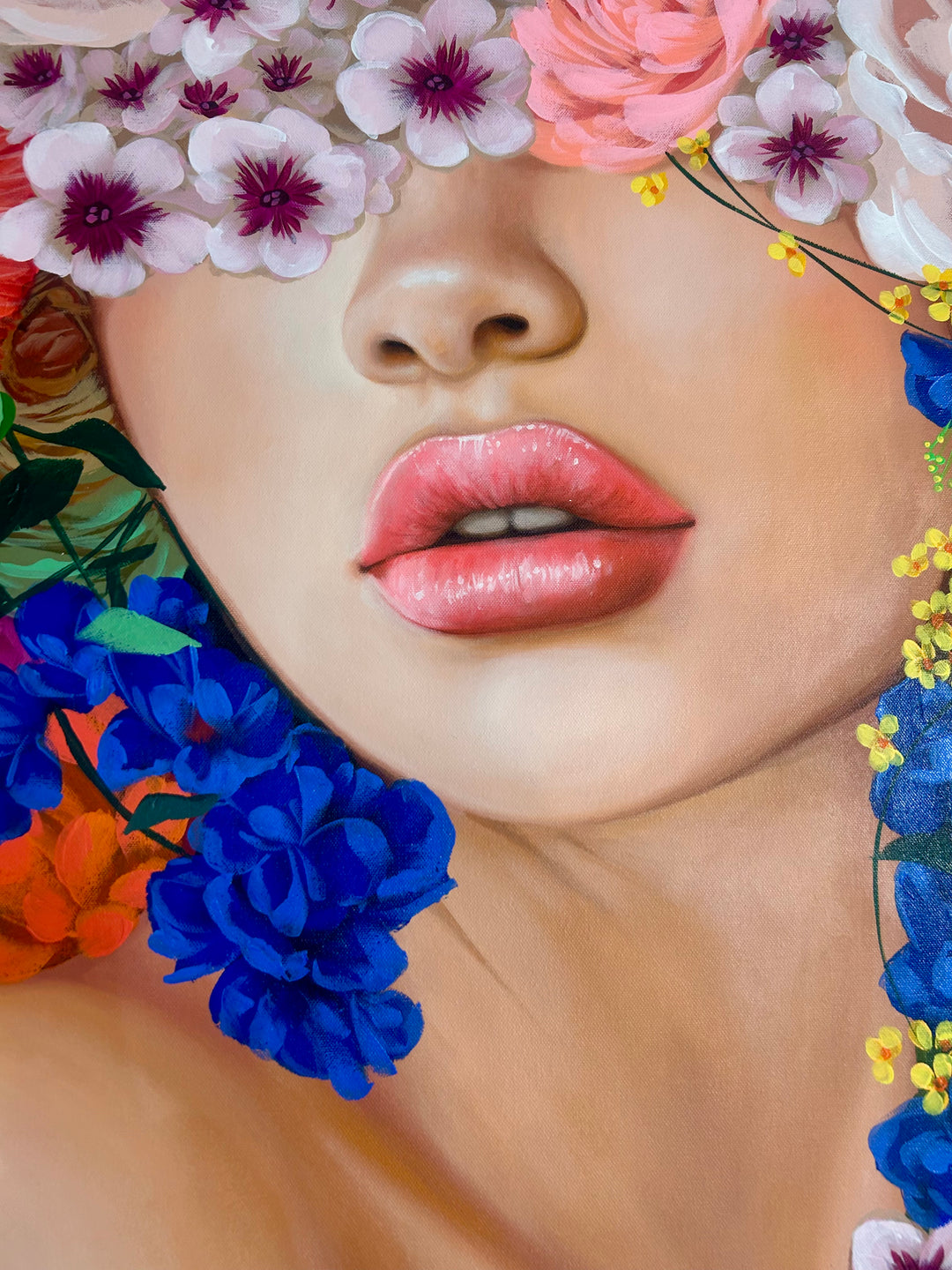 37"W x 50"H Acrylic portrait on canvas. Woman with the upper half of her face and hair covered with colorful flowers that extend into the foreground.