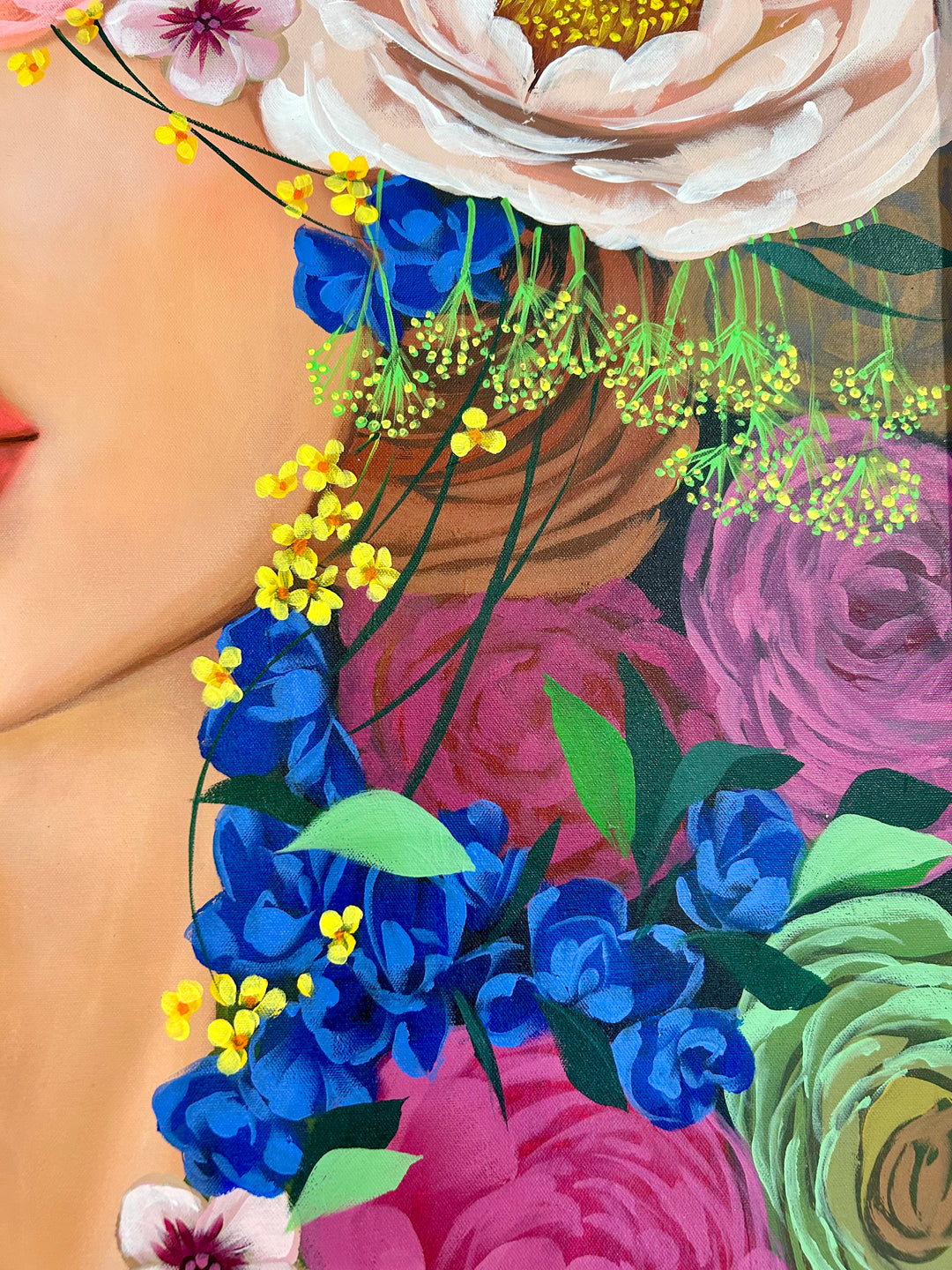 37"W x 50"H Acrylic portrait on canvas. Woman with the upper half of her face and hair covered with colorful flowers that extend into the foreground.