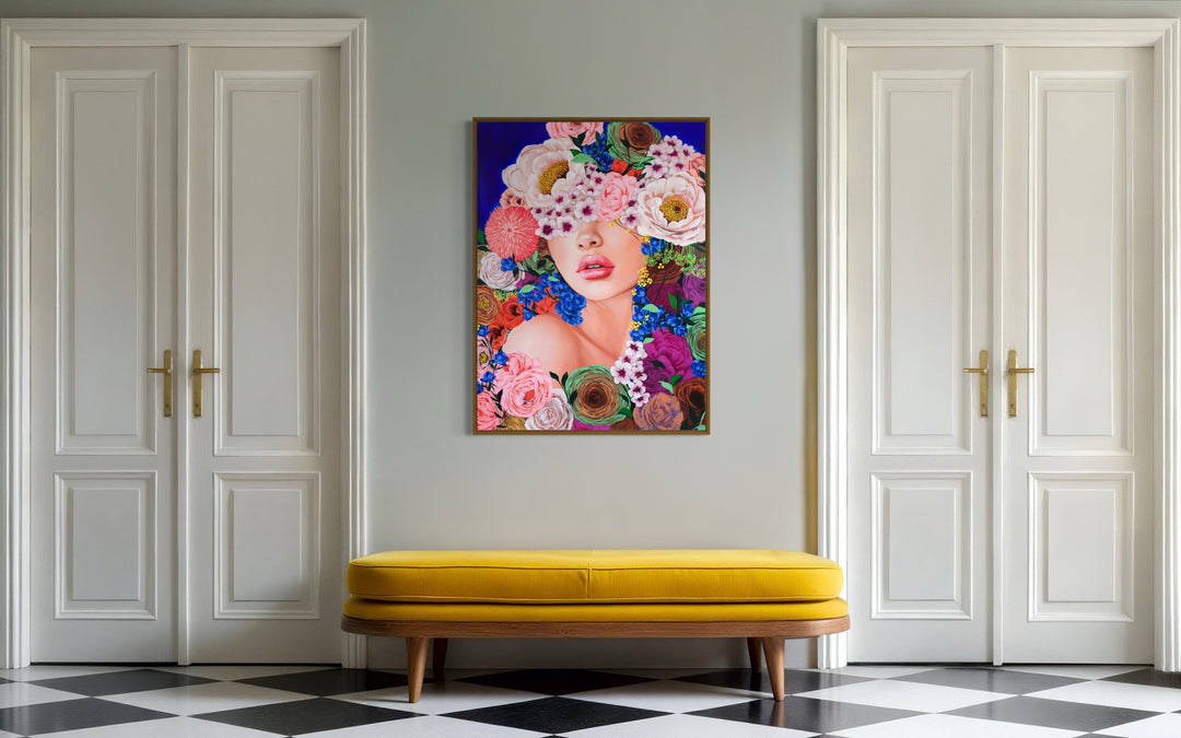 37"W x 50"H Acrylic portrait on canvas. Woman with the upper half of her face and hair covered with colorful flowers that extend into the foreground.