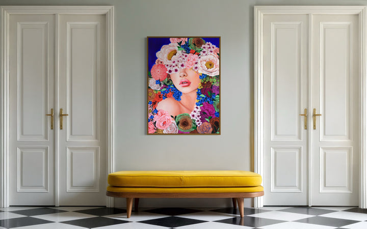 37"W x 50"H Acrylic portrait on canvas. Woman with the upper half of her face and hair covered with colorful flowers that extend into the foreground.