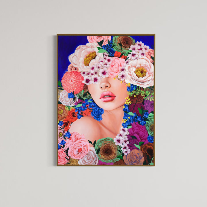37"W x 50"H Acrylic portrait on canvas. Woman with the upper half of her face and hair covered with colorful flowers that extend into the foreground.
