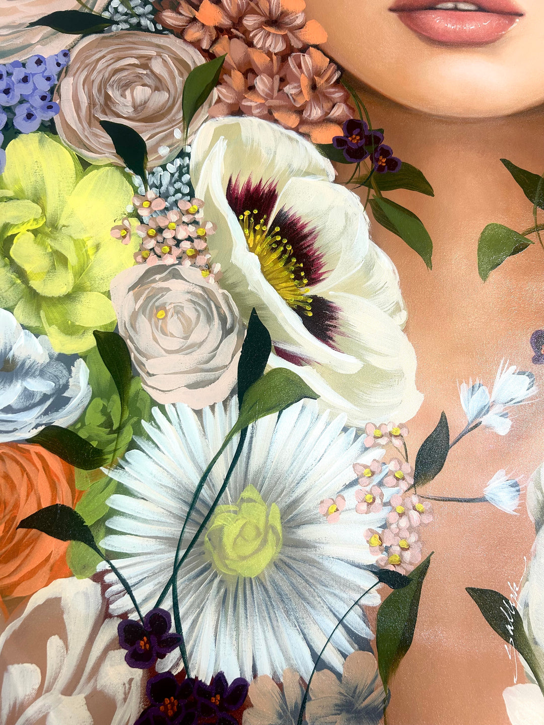 37"W x 50"H Acrylic portrait on canvas. Woman with the upper half of her face covered by colorful flowers that extend to the foreground. 