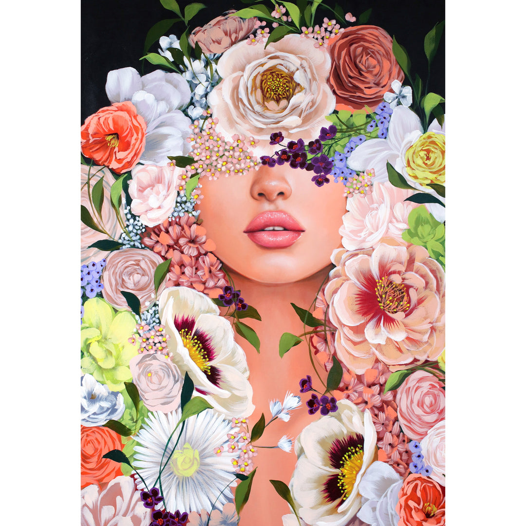 37"W x 50"H Acrylic portrait on canvas. Woman with the upper half of her face covered by colorful flowers that extend to the foreground. 