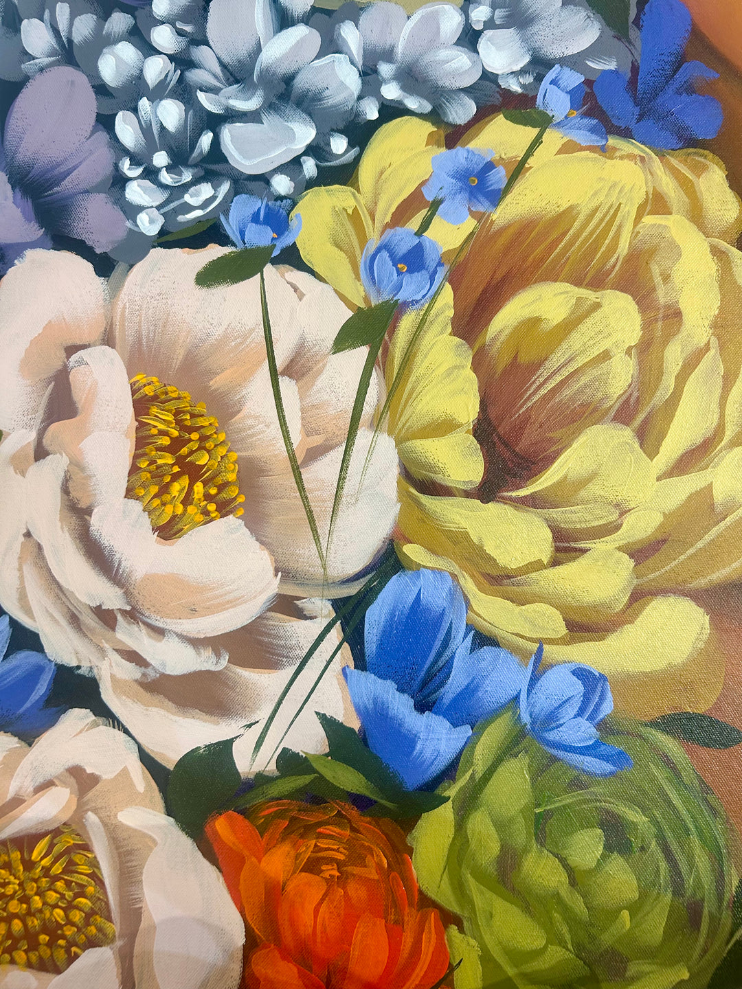 37"W x 50"H Acrylic portrait on canvas. Woman with the top half of her face covered in blue, purple and yellow flowers extending to the foreground. 