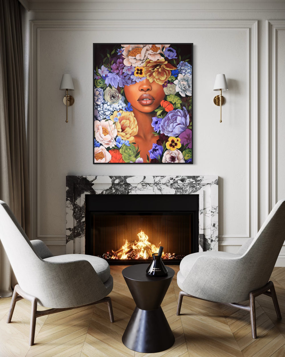 37"W x 50"H Acrylic portrait on canvas. Woman with the top half of her face covered in blue, purple and yellow flowers extending to the foreground. 