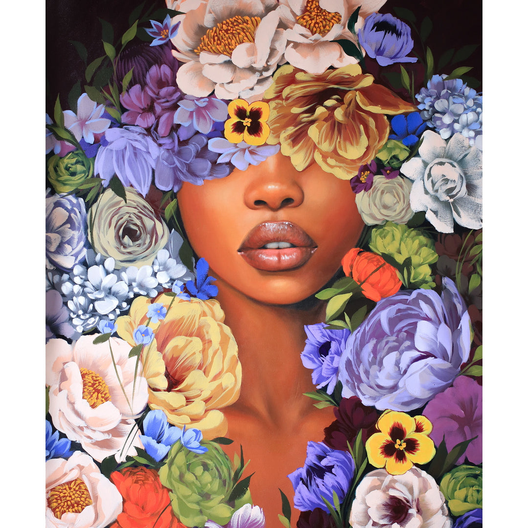 37"W x 50"H Acrylic portrait on canvas. Woman with the top half of her face covered in blue, purple and yellow flowers extending to the foreground. 
