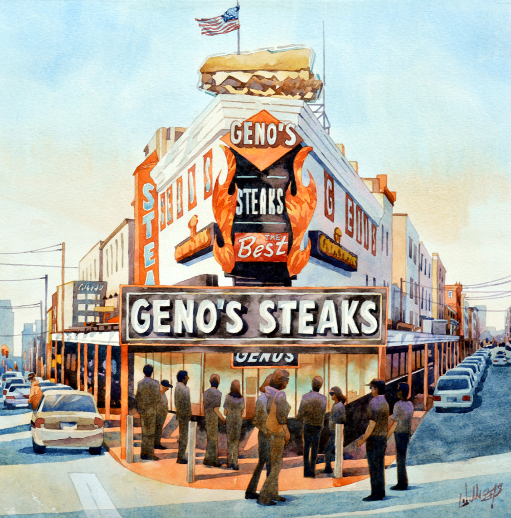 Watercolor painting of Geno's Stakes in Phialdelphia, PA